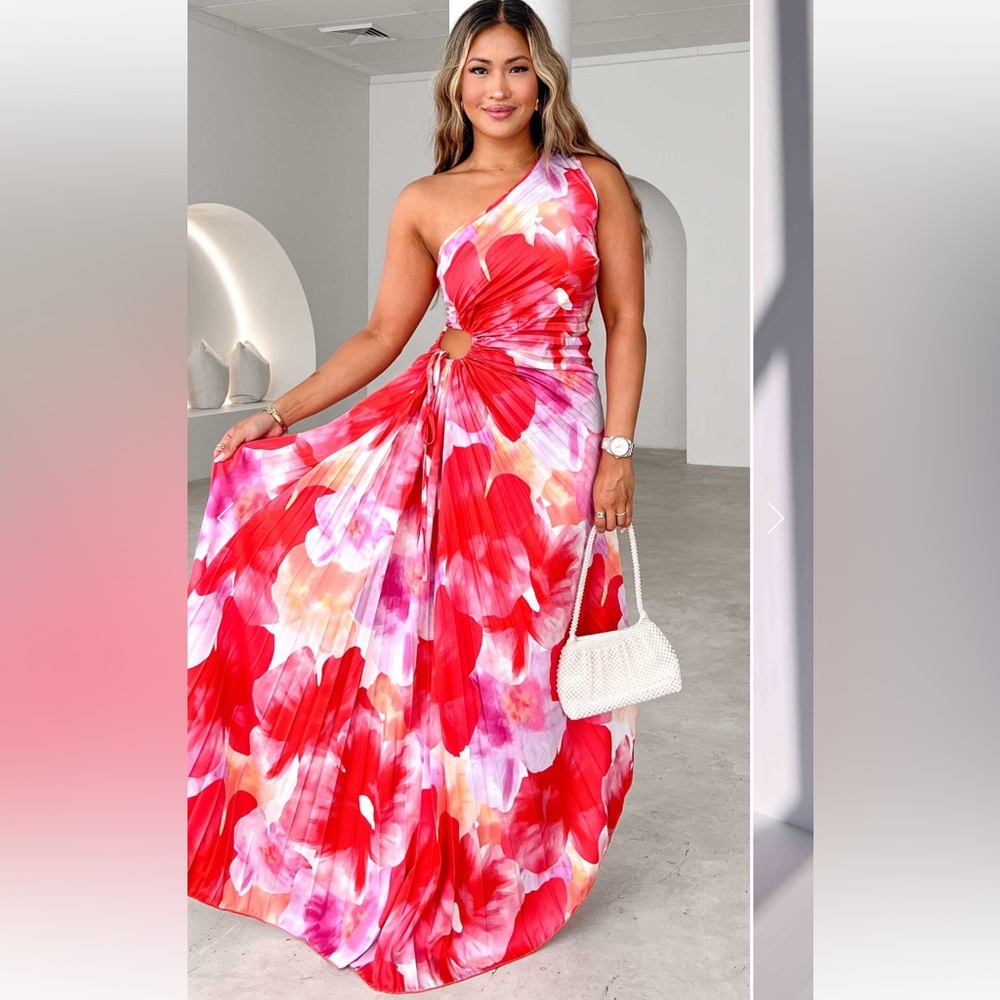 ONE SHOULDER SLEEVELESS ADJUSTABLE SIDE CUT OUT ASYMMETRIC PLEATED MAXI DRESS